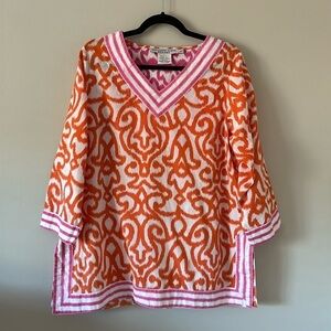 Gretchen Scott 3/4 Sleeve V-Neck Cotton Tunic Pink and Orange Size Large